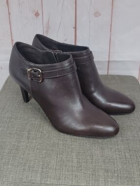 ANTONIO MELANI Dark Brown Leather Ankle Booties with Side Buckle